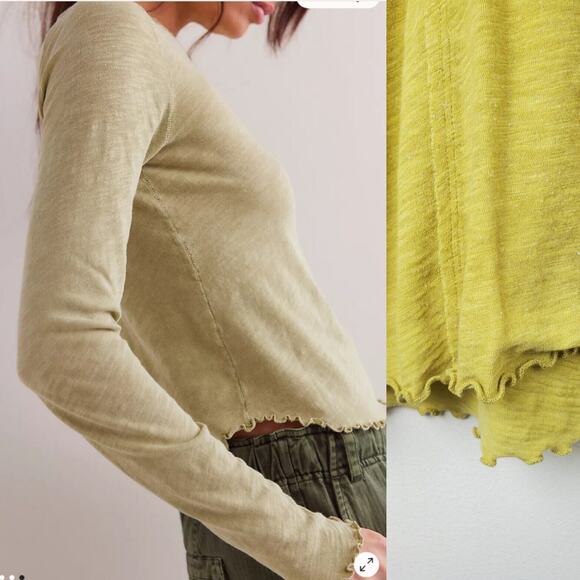 Free People Womens Large Be MY BABY Long Sleeve Tee Top Lightweight Lettuce Hem - Picture 7 of 11